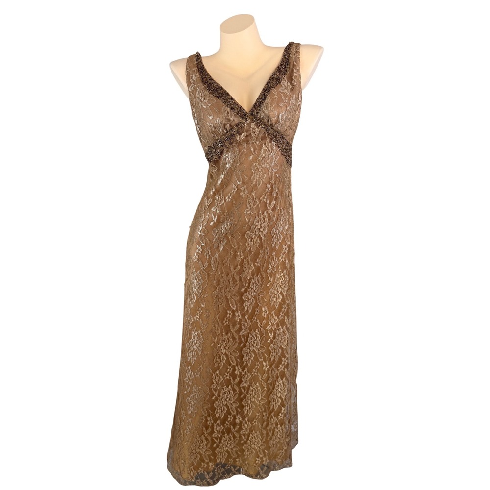 Georgiou Vintage Fairycore Gold Lace Beaded V-Neck Maxi Dress